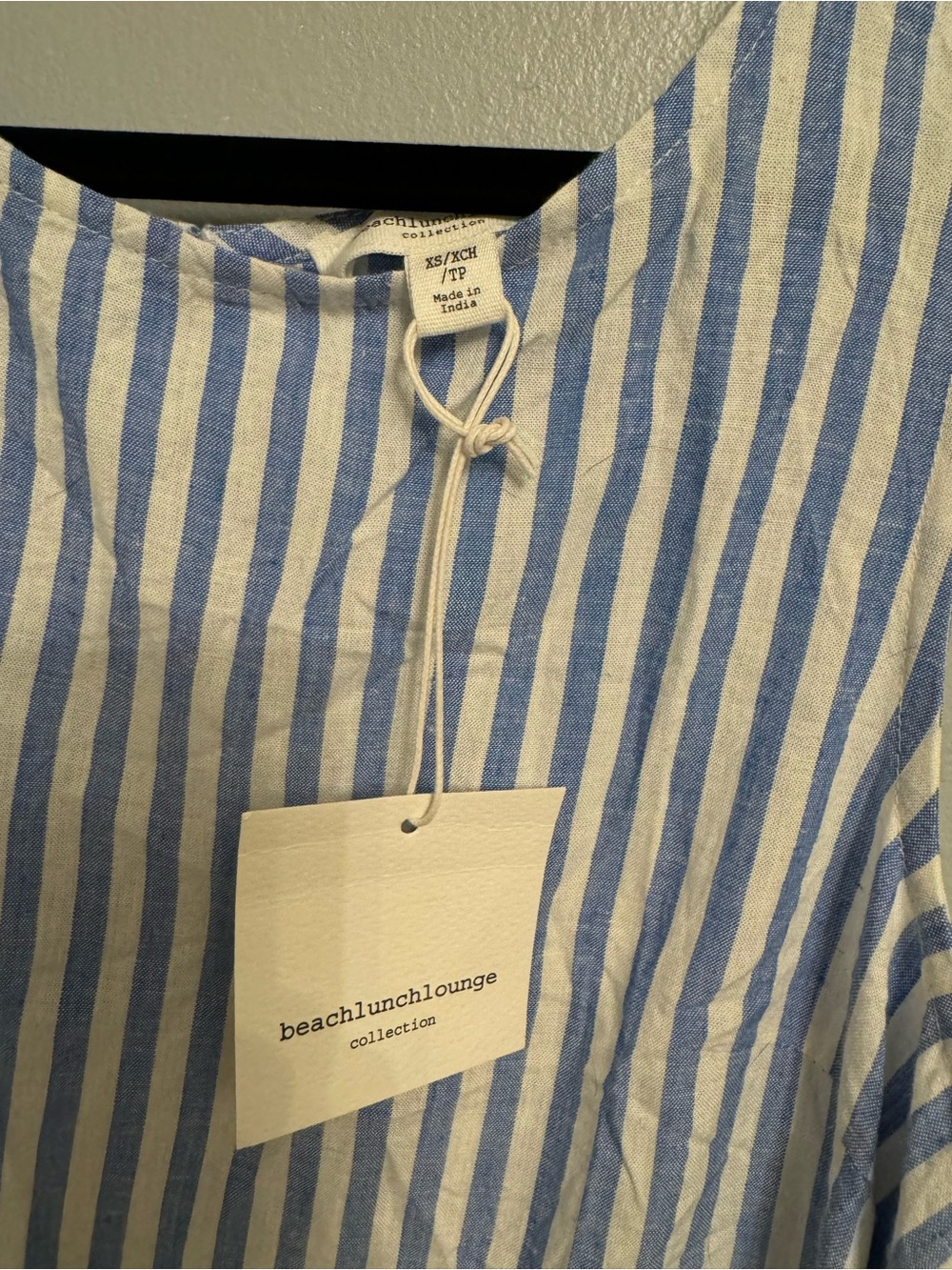 beachlunchlounge Blue & White Vertical Stripe linen shift mini dress XS - Picture 3 of 4